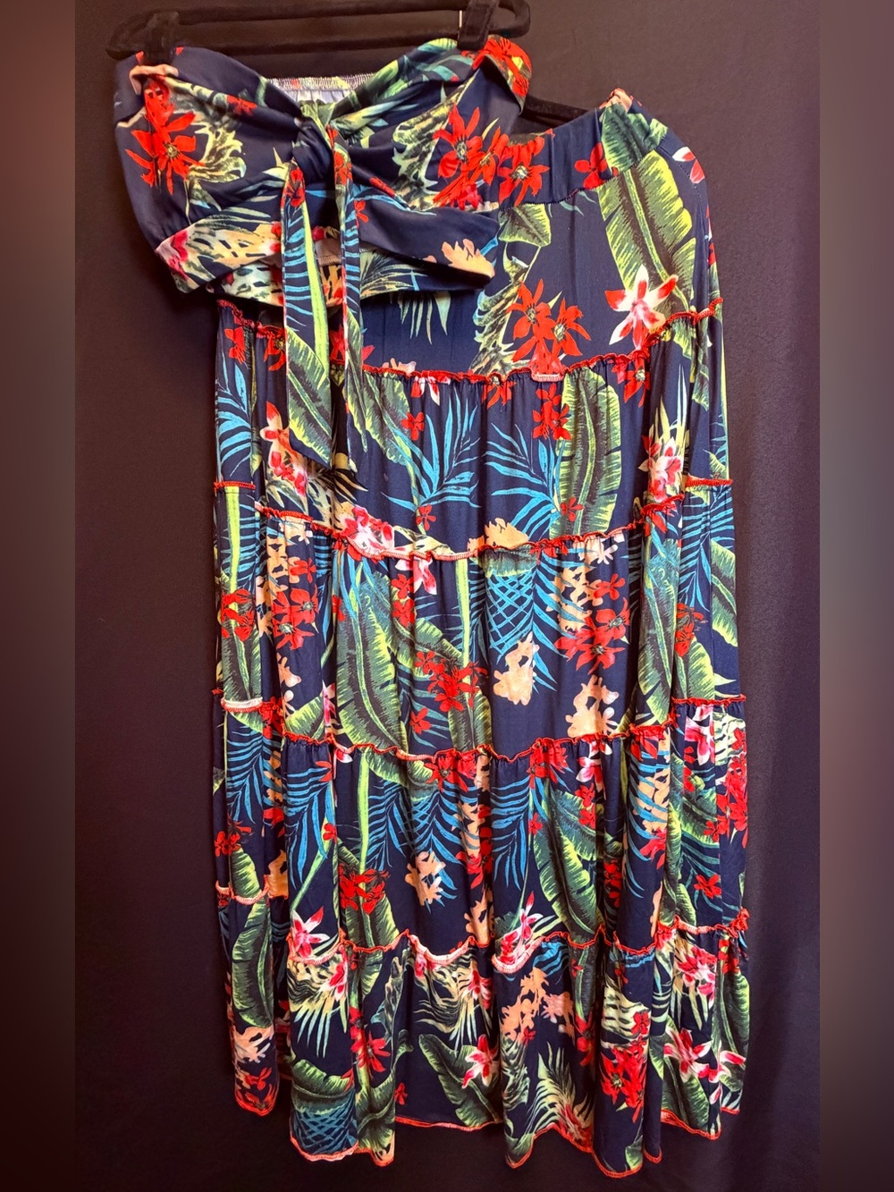 Navy Tropical Floral Tiered Maxi Dress with Red & Green Accents